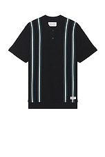 WACKO MARIA Striped Knit Polo Shirt in Black, view 1, click to view large image.