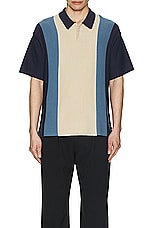 WAO Short Sleeve Stripe Knit Polo in Navy & Gold, view 3, click to view large image.