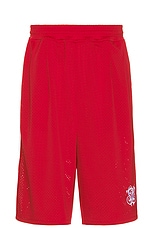 Willy Chavarria Tacombi Pleated Basketball Shorts in Red & White, view 1, click to view large image.