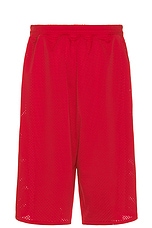 Willy Chavarria Tacombi Pleated Basketball Shorts in Red & White, view 2, click to view large image.