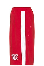 Willy Chavarria Tacombi Pleated Basketball Shorts in Red & White, view 3, click to view large image.