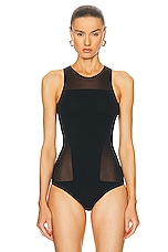 Wolford Sheer Opaque Bodysuit in Black, view 2, click to view large image.