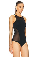 Wolford Sheer Opaque Bodysuit in Black, view 3, click to view large image.