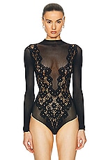 Wolford Flower Lace String Bodysuit in Black, view 2, click to view large image.