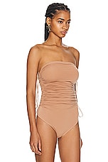 Wolford Fatal Draping String Bodysuit in Almond, view 3, click to view large image.