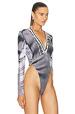 Y/Project x Jean-Paul Gaultier Trompe L'oeil Cardigan Bodysuit in Grey & White, view 3, click to view large image.