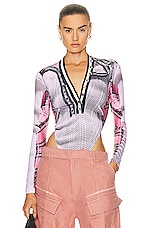 Y/Project x Jean-Paul Gaultier Trompe L'oeil Cardigan Bodysuit in Pink & White, view 1, click to view large image.
