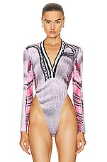 Y/Project x Jean-Paul Gaultier Trompe L'oeil Cardigan Bodysuit in Pink & White, view 2, click to view large image.