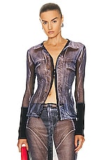 Y/Project x Jean-Paul Gaultier Trompe L'oeil Denim Hook And Eye Top in Black & White, view 1, click to view large image.
