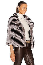 Yves Salomon Rex Rabbit Band Jacket in New Chinchilla, view 3, click to view large image.