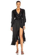 Zimmermann Silk Wrap Midi Dress in Black, view 1, click to view large image.