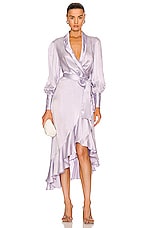 Zimmermann Silk Wrap Midi Dress in Lilac, view 1, click to view large image.