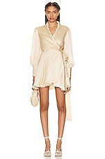 Zimmermann Silk Wrap Mini Dress in Cream, view 1, click to view large image.