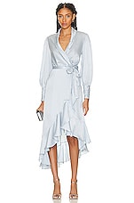 Zimmermann Silk Wrap Midi Dress in Sky, view 1, click to view large image.