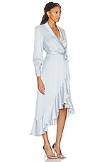 Zimmermann Silk Wrap Midi Dress in Sky, view 2, click to view large image.