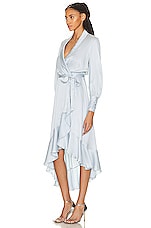 Zimmermann Silk Wrap Midi Dress in Sky, view 3, click to view large image.