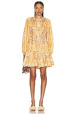 Zimmermann Raie Tiered Billow Mini Dress in Gold Damask, view 1, click to view large image.
