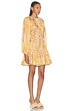 Zimmermann Raie Tiered Billow Mini Dress in Gold Damask, view 3, click to view large image.