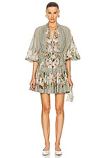 Zimmermann Lexi Billow Mini Dress in Sage Palm, view 1, click to view large image.