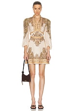 Zimmermann Natura Buttoned Mini Dress in Khaki Paisley, view 1, click to view large image.