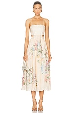 Zimmermann Scallop Midi Dress in Cream Watercolour Floral, view 1, click to view large image.