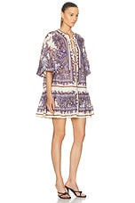 Zimmermann Ottie Eyelet Mini Dress in Purple Paisley, view 2, click to view large image.