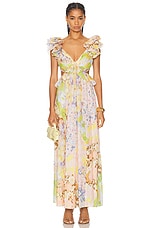 Zimmermann Pop Ruffle Sleeve Midi Dress in Patch Floral, view 1, click to view large image.