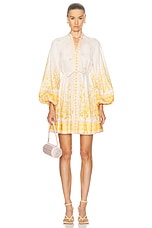 Zimmermann Golden Buttoned Mini Dress in Pink & Gold Floral, view 1, click to view large image.
