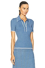 Zimmermann Metallic Polo Top in Denim Blue, view 2, click to view large image.
