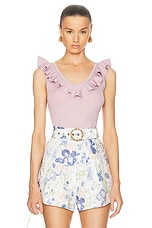 Zimmermann Halliday Frill V-neck Top in Dusty Pink Lurex, view 1, click to view large image.