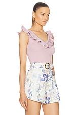 Zimmermann Halliday Frill V-neck Top in Dusty Pink Lurex, view 2, click to view large image.