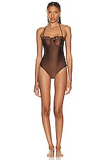 Zimmermann Devi Eyelette Balconette One Piece Swimsuit in Chocolate, view 1, click to view large image.