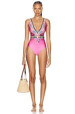 Zimmermann Ginger Belted Plunge One Piece Swimsuit in Pink