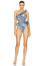 Zimmermann August Asymmetric Frill One Piece Swimsuit in Dusty Blue, view 1, click to view large image.