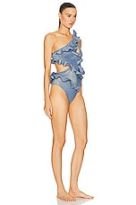 Zimmermann August Asymmetric Frill One Piece Swimsuit in Dusty Blue, view 2, click to view large image.