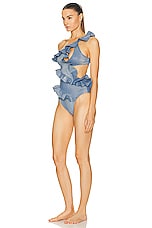 Zimmermann August Asymmetric Frill One Piece Swimsuit in Dusty Blue, view 3, click to view large image.