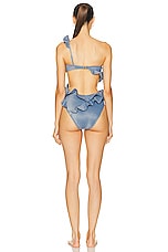 Zimmermann August Asymmetric Frill One Piece Swimsuit in Dusty Blue, view 4, click to view large image.
