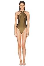 Zimmermann Ottie High Neck Draped One Piece Swimsuit in Olive, view 1, click to view large image.