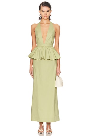 ADRIANA DEGREAS Solid Deep V Peplum Maxi Dress in Mint