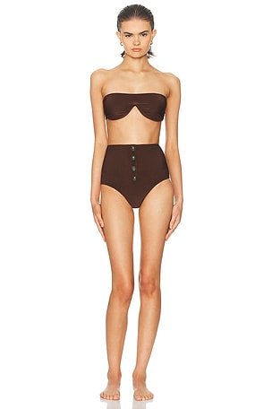 ADRIANA DEGREAS Corduroy High-Leg Strapless Bikini Set in Brown