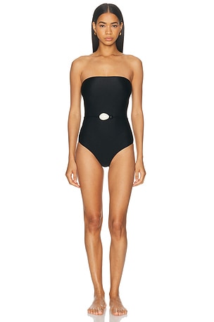 ADRIANA DEGREAS Belted Strapless One Piece Swimsuit in Black