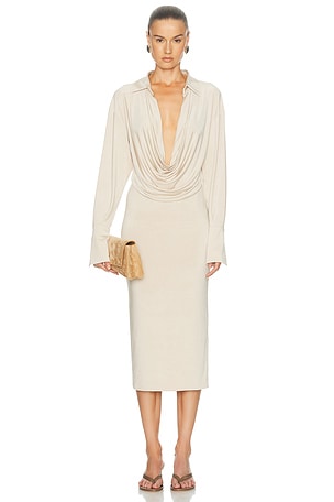The Andamane Lilia Deep V Collar Midi Dress in Beige