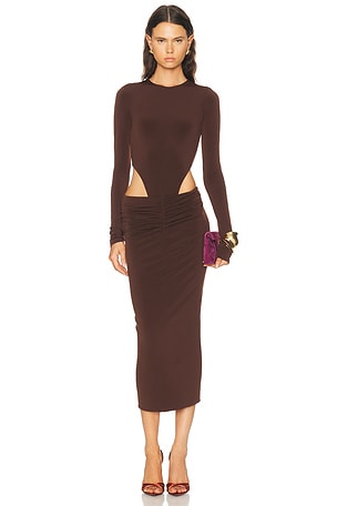 The Andamane Heloise Cut Out Midi Dress in Brown