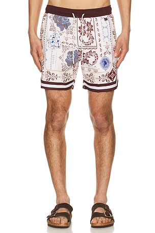 Agua Bendita Dan Swim Trunks in Burgundy, Blue, & White in White,Brown
