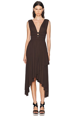 ALAÏA V-Neck Midi Dress in Chocolate