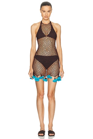 ALAÏA Crochet Halter Dress in Wine