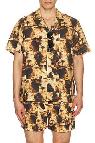 AUTO-REPLY Alex Printed Short Sleeve Linen Shirt in Brown