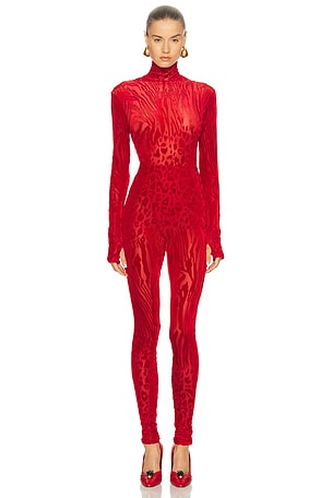 Alex Perry Animal Print Burnout Catsuit in Red