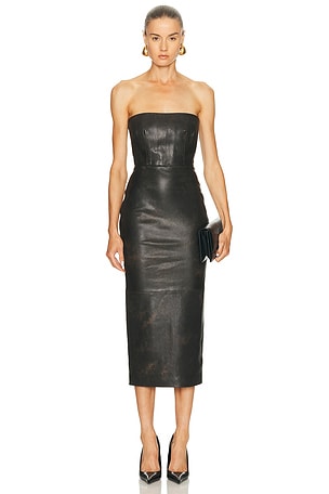 Alex Perry Strapless Leather Midi Dress in Chocolate