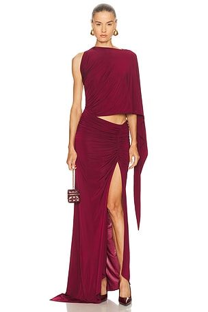 Alex Perry One Shoulder Drape Sleeve Gown in Burgundy